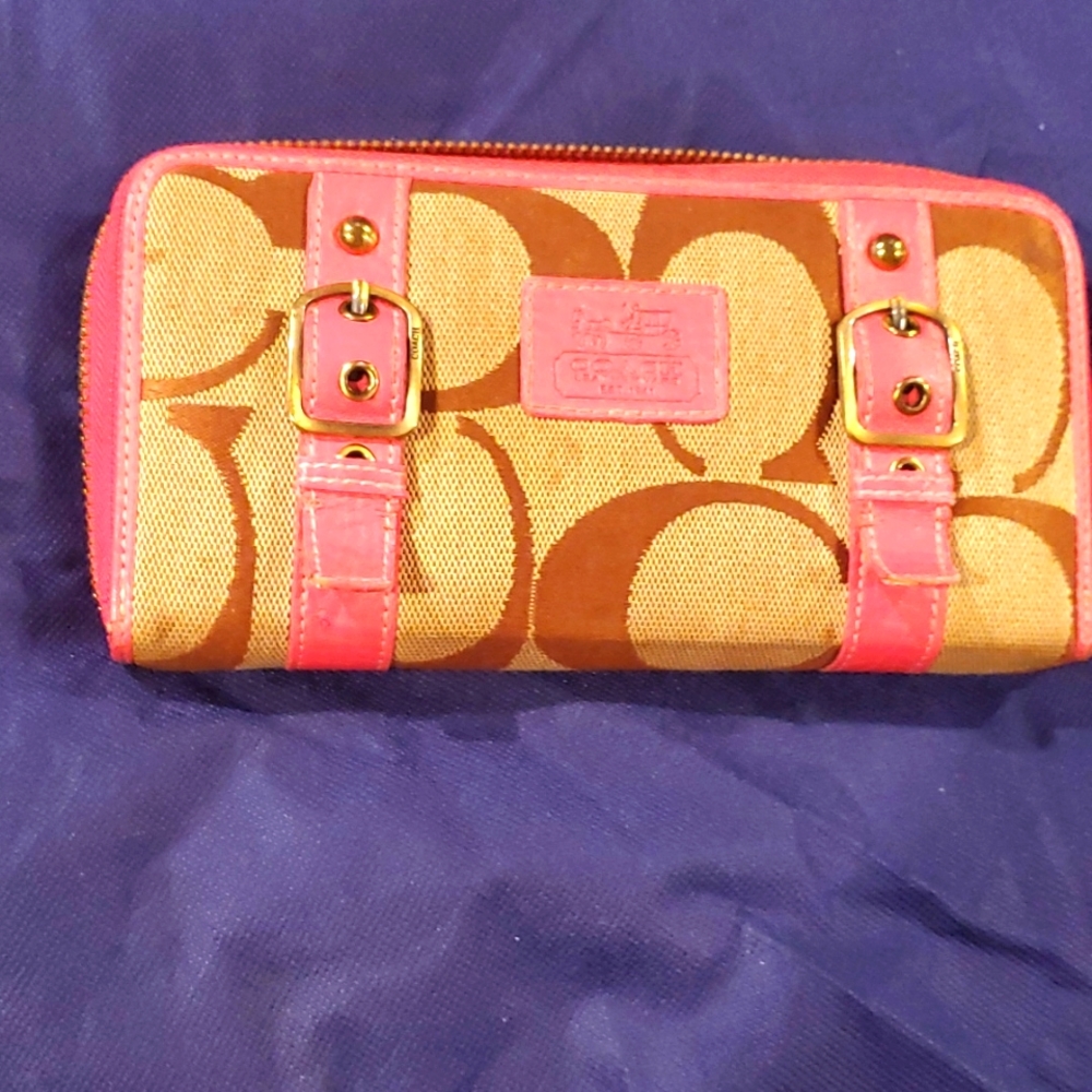COACH BROWN CLOTH LARGE WALLET WITH PINK ACCENTS